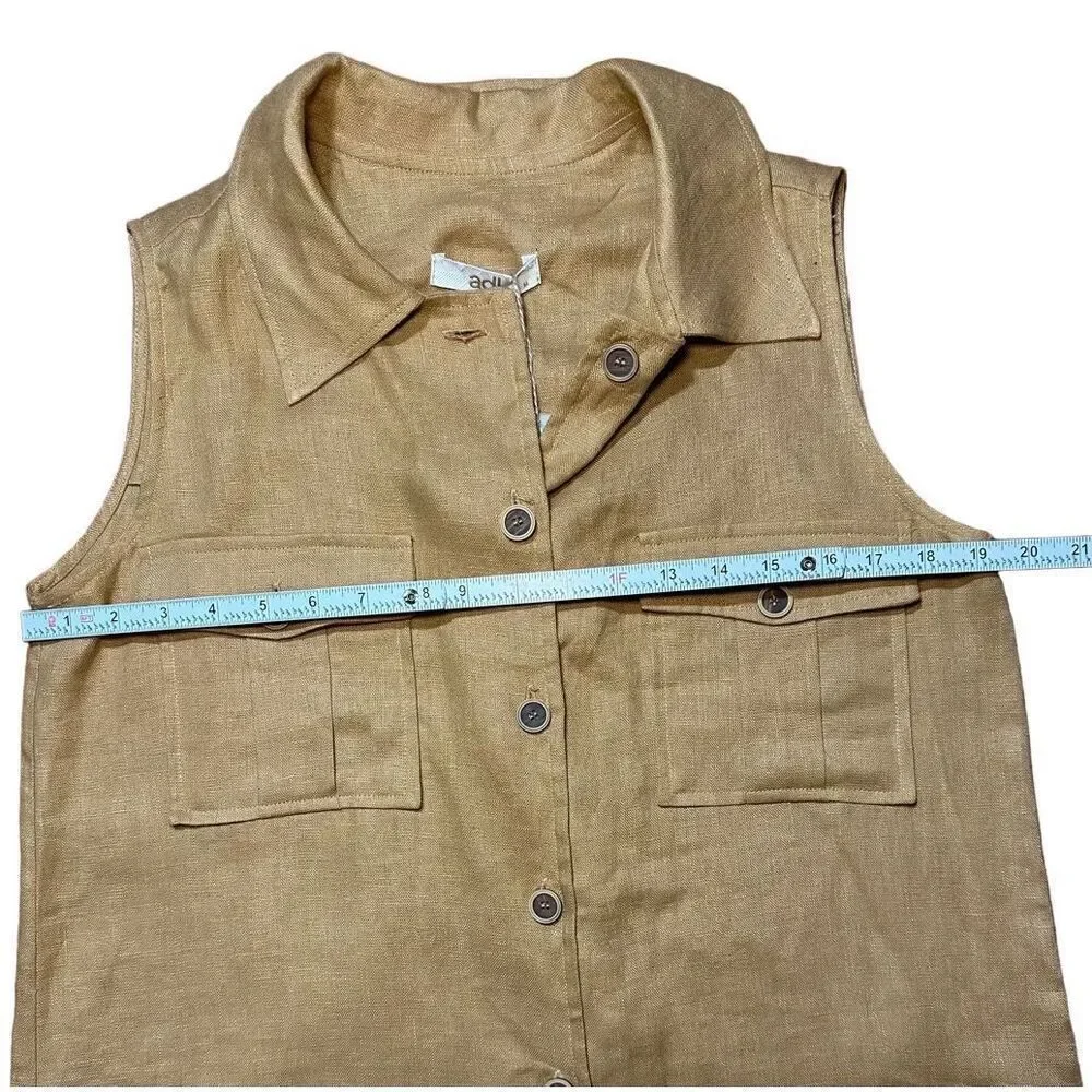 NEW adL womens linen button down midi dress cottage safari natural sz M in camel